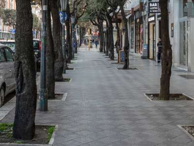 Tutti locali affacciati su un largo marciapiede segnato da una fila parallela di verdi lecci (in alcuni tratti due)...